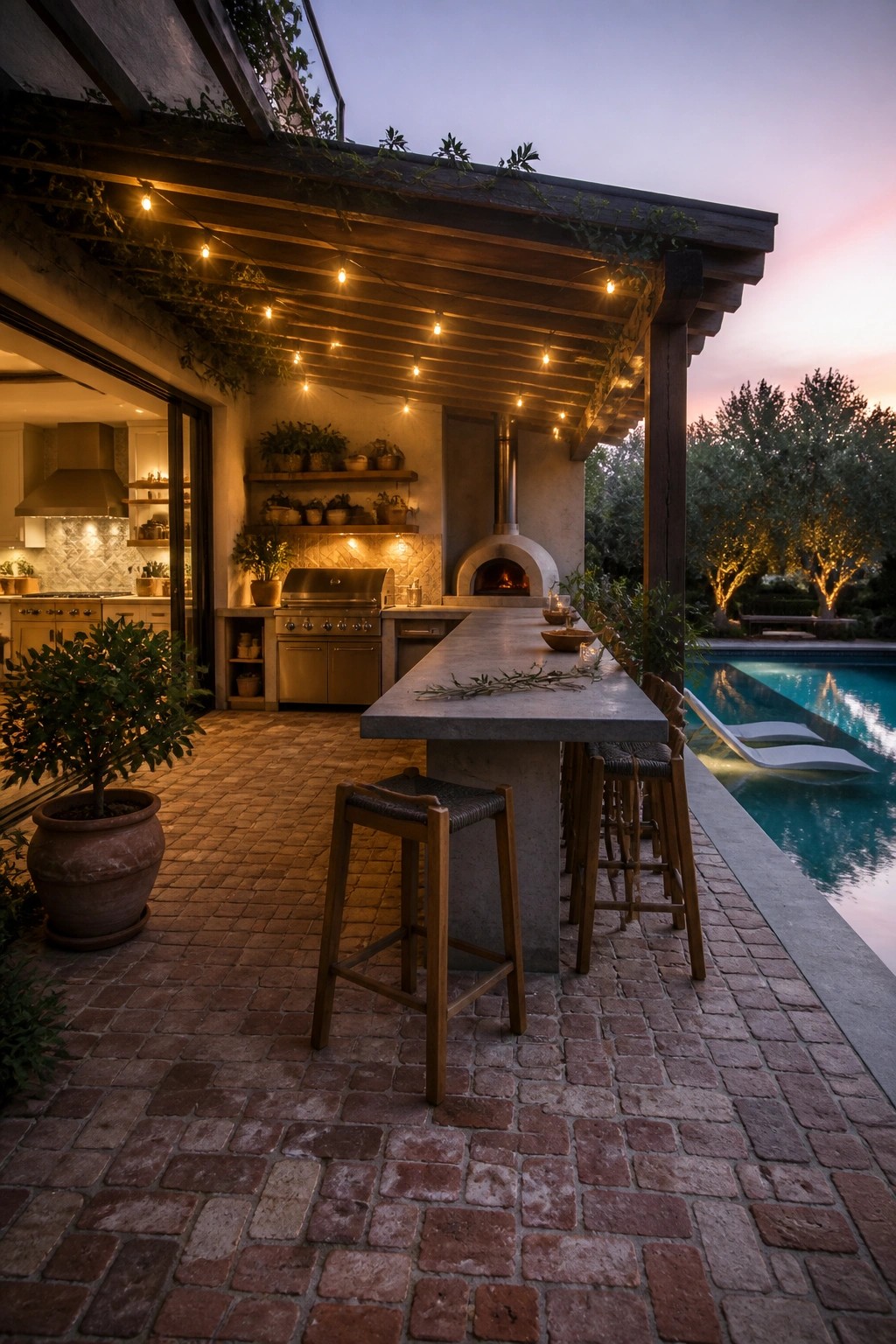 Outdoor kitchen bar with concrete counter, wooden stools, pizza oven, and pool at dusk.