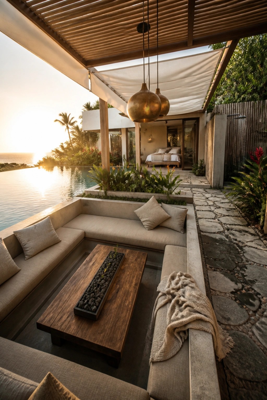 An outdoor concrete seating area with beige cushions and a wooden table sits beside an infinity pool overlooking the ocean at sunset, with a bedroom visible through open doors.