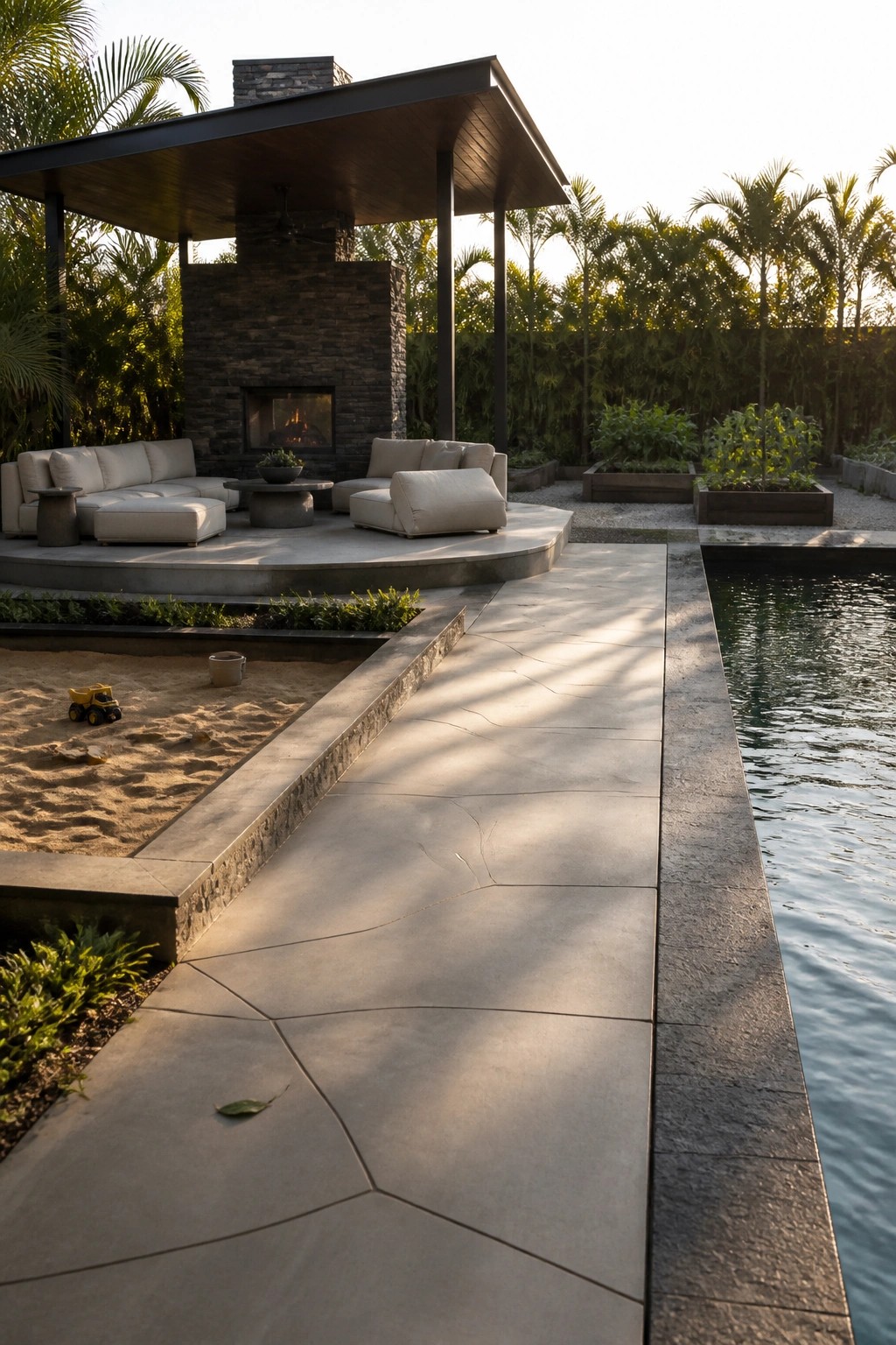 A covered outdoor seating area with a stone fireplace, modern sofas, and a pool directly beside it, including a small sandbox in the foreground.