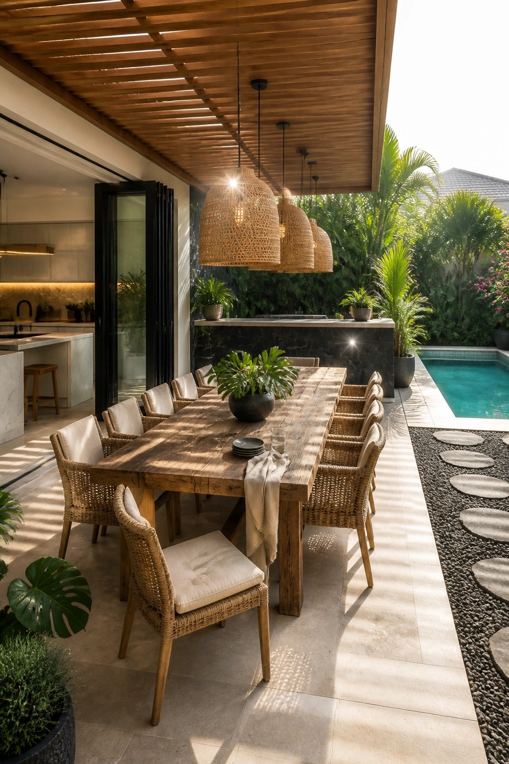 A long wooden dining table with woven chairs is positioned under a slatted wood ceiling next to a swimming pool, with hanging woven pendant lights and potted plants around the edges.