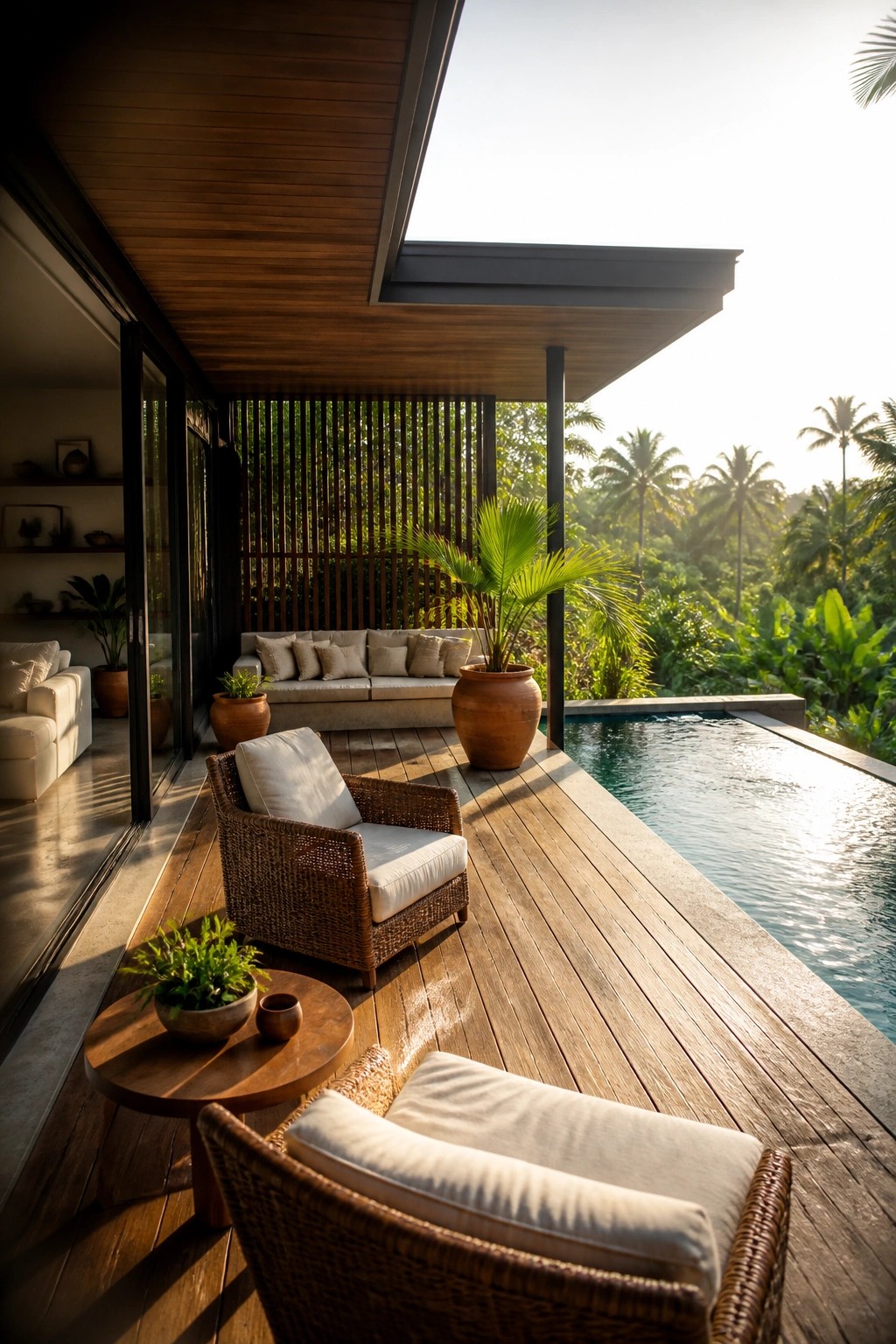 A wooden deck with wicker seating sits beside a pool, surrounded by tropical plants and trees.