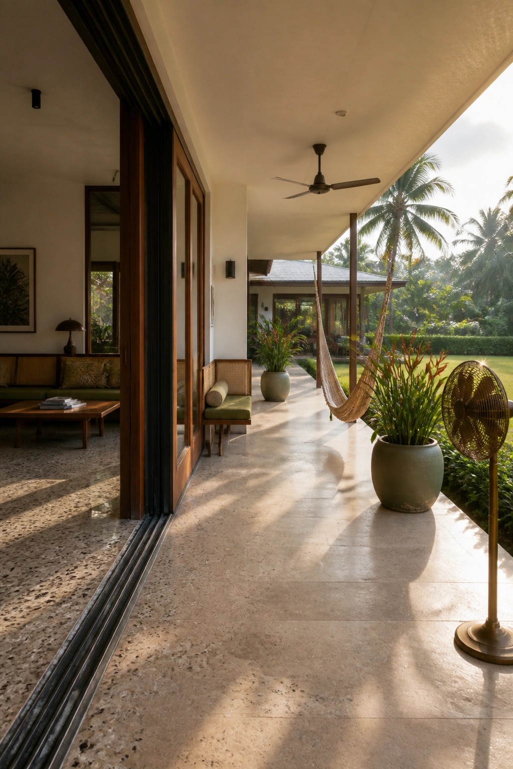 A covered stone porch with open sliding doors, built-in seating, a hammock, potted plants, and a standing fan overlooking a tropical garden.