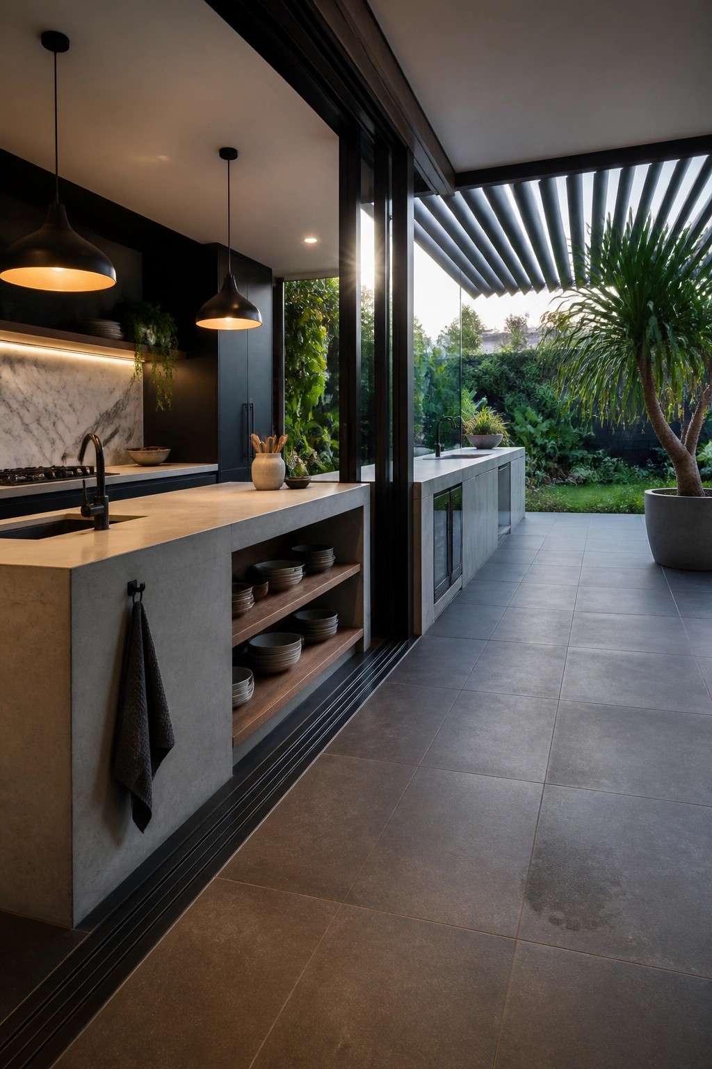 Modern kitchen with concrete island, open shelves, and garden patio view