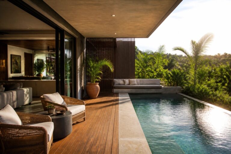 A wooden deck with wicker seating sits beside a pool, surrounded by tropical plants and trees.