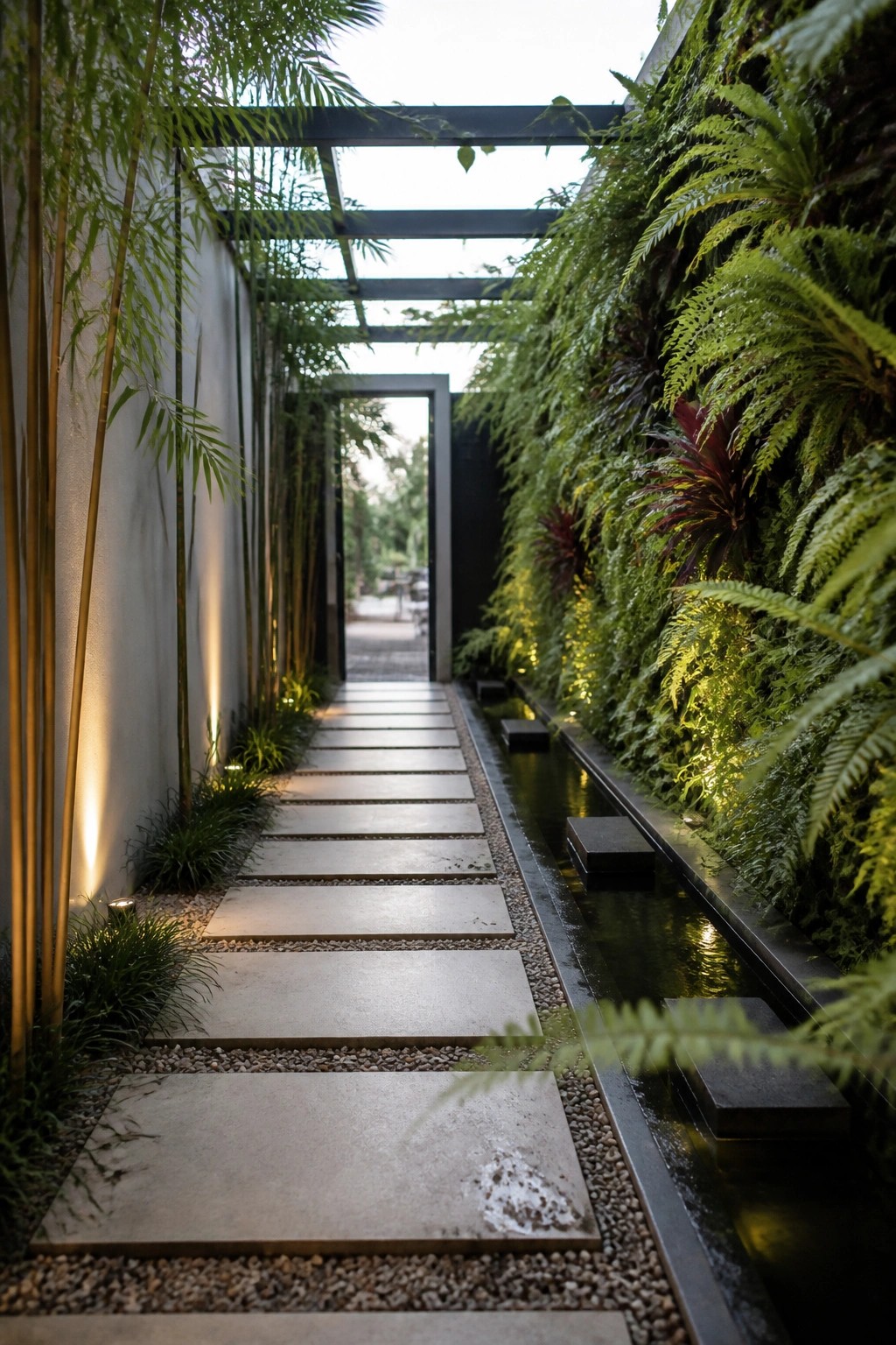 Narrow stone path beside water channel with lush fern wall and bamboo stalks.