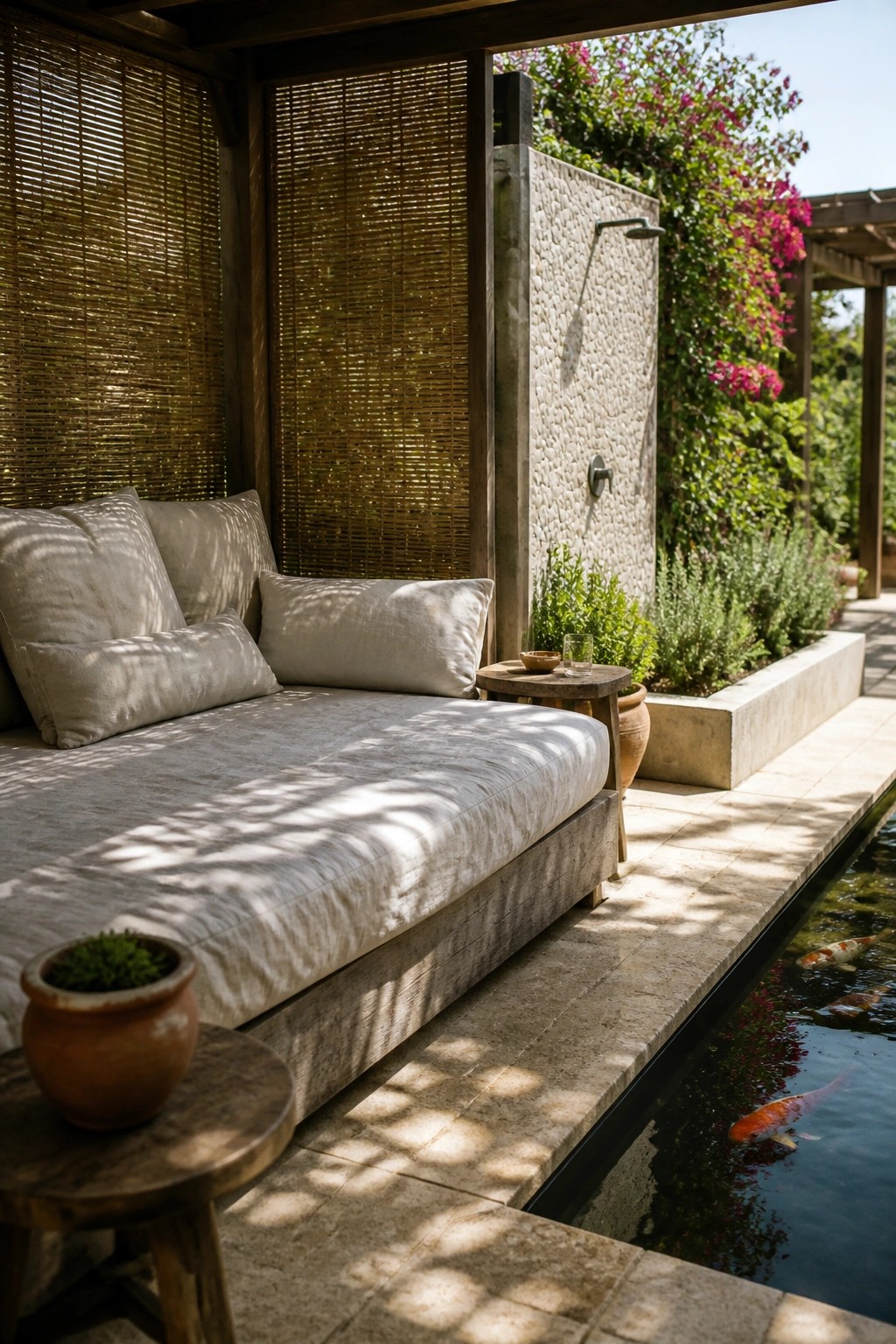 An outdoor covered patio with a large upholstered daybed next to a koi pond, an outdoor shower on a pebble wall, and bamboo blinds on the sides.