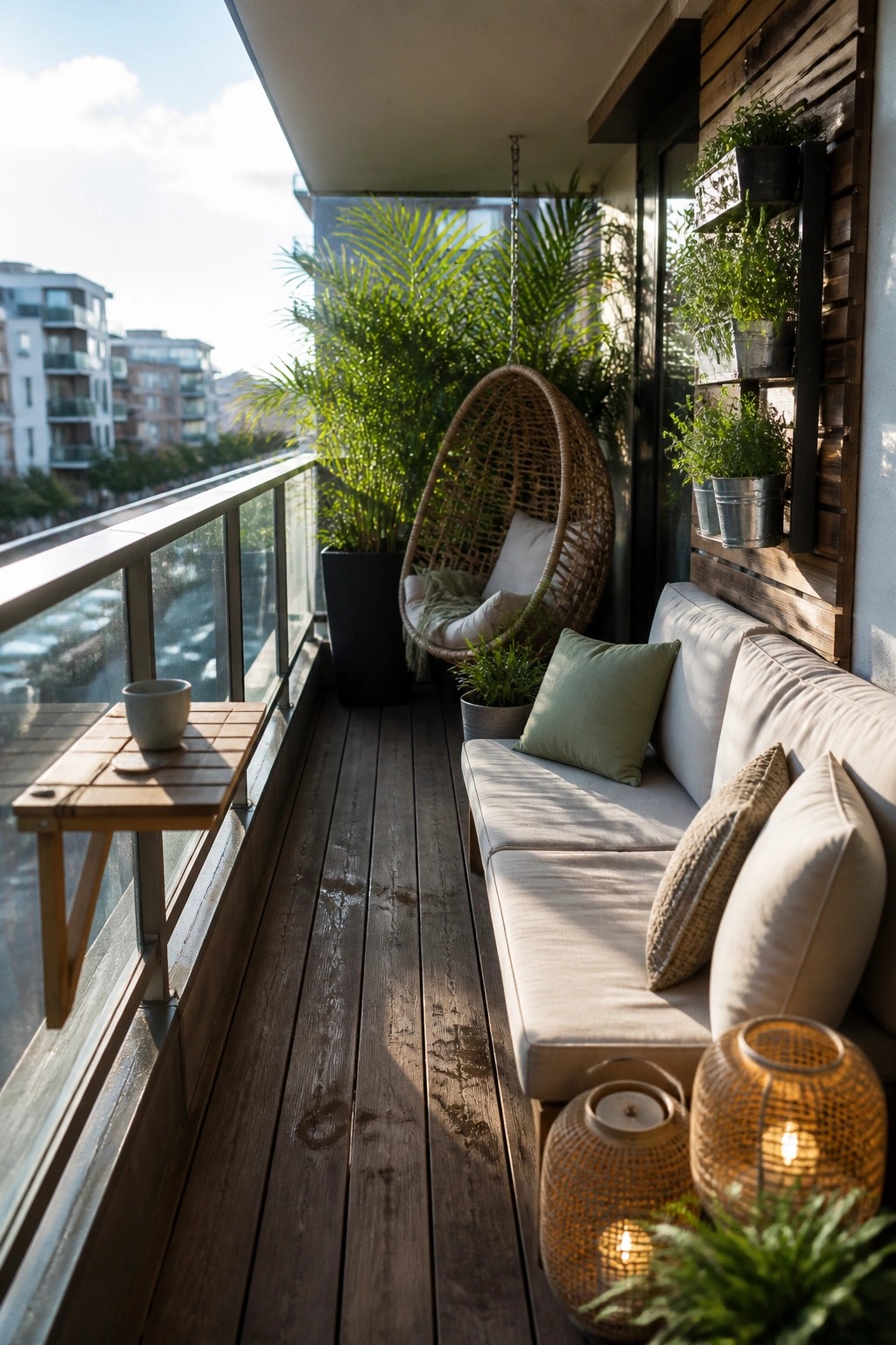 A narrow balcony with dark wood flooring, a long built-in sofa with pillows, a hanging wicker chair, and multiple potted plants arranged on wall-mounted wooden shelves.