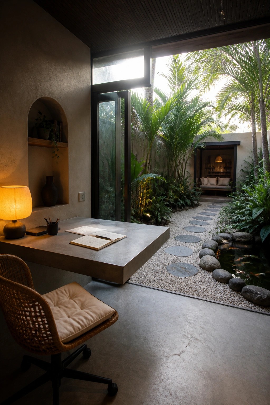 An indoor workspace with a floating concrete desk, woven chair, and lamp positioned beside large open sliding doors that lead to a garden path with stepping stones and a pond.