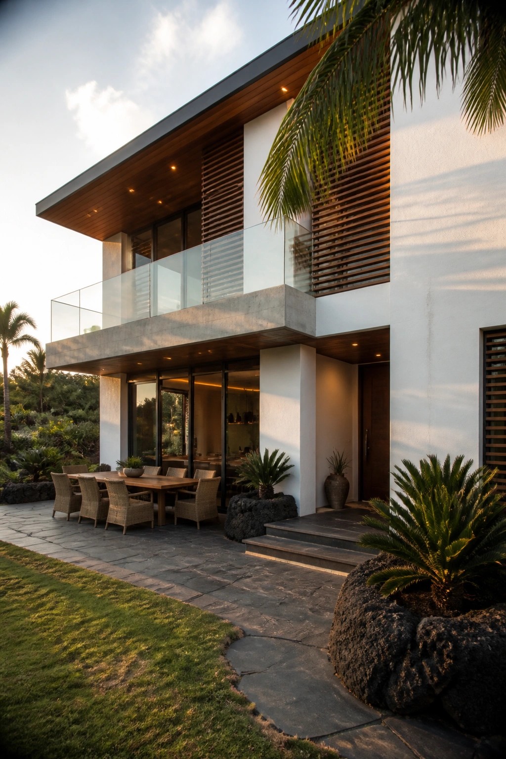 Modern villa with outdoor dining table, wicker chairs, glass balcony, palm trees, and stone patio.