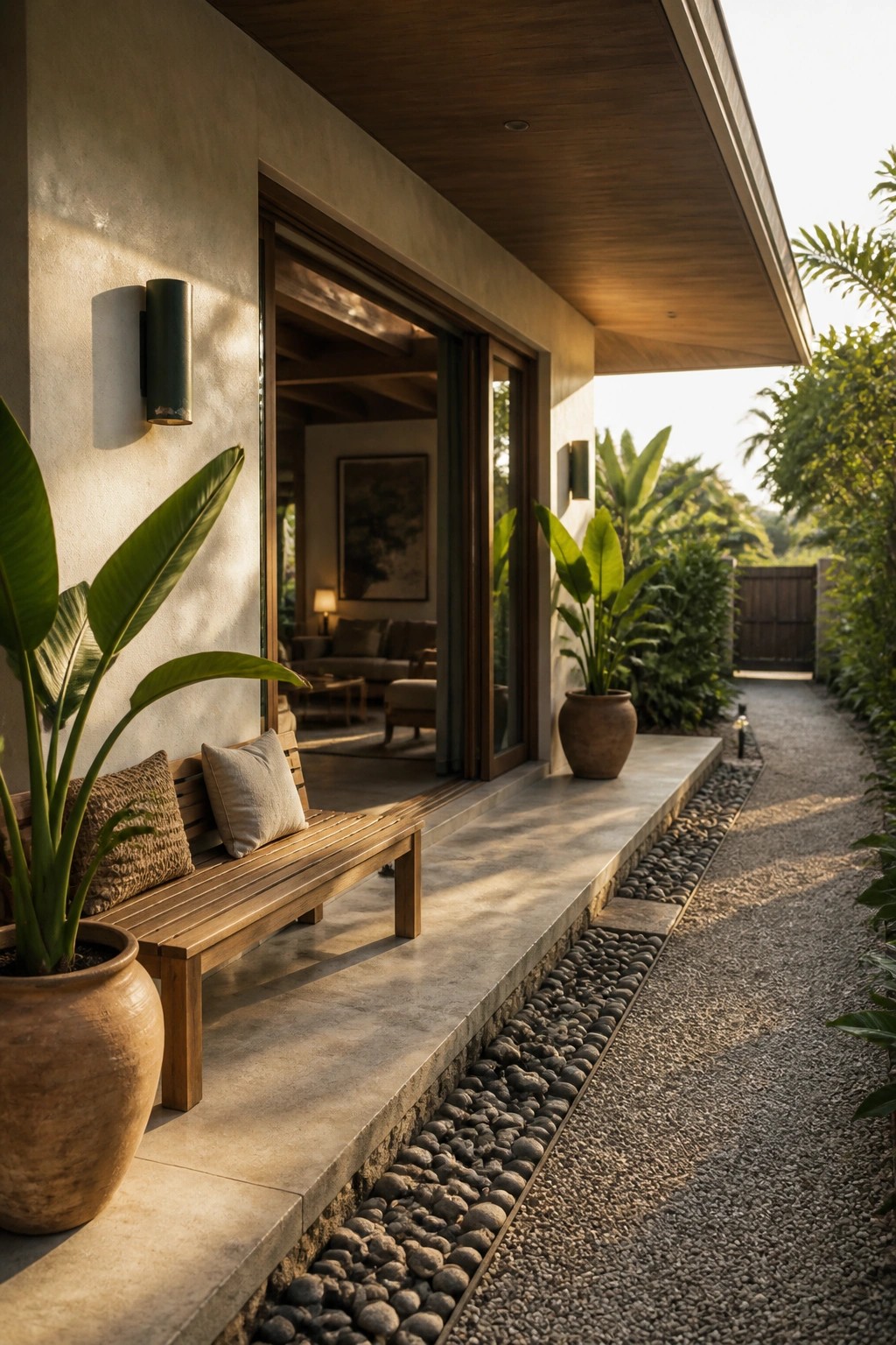 A covered concrete porch on a modern house with a wooden bench, two pillows, large potted tropical plants, open sliding glass doors revealing an interior room, and a gravel path edged with pebbles.