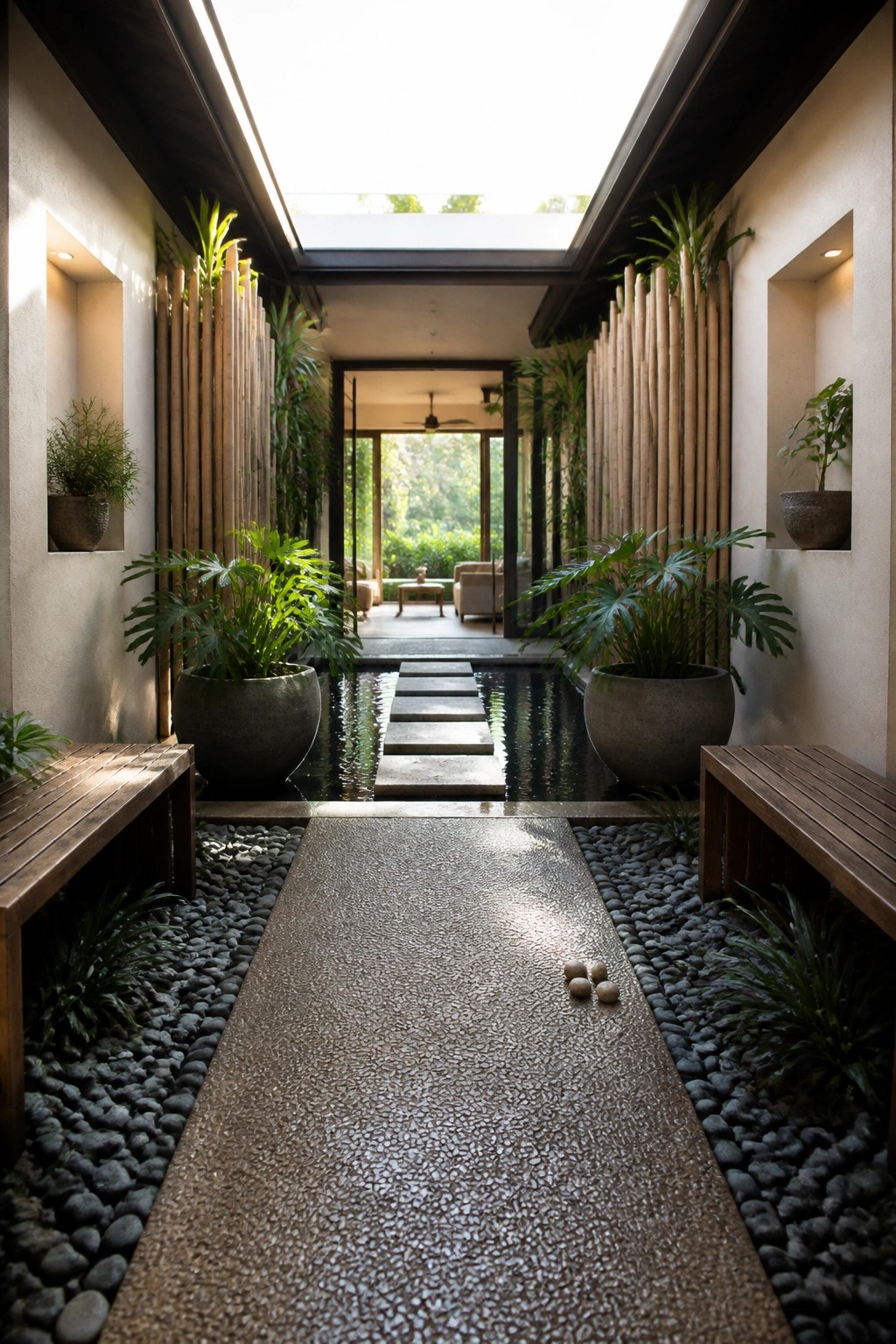 A covered outdoor corridor with a narrow reflecting pool and concrete stepping stones running through the center, lined with large potted plants and vertical bamboo screens.