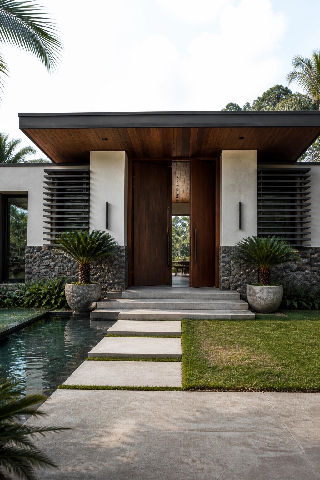 Modern tropical house entrance with large open wooden double doors, concrete steps, potted plants on stone bases, and a pool visible to the left.