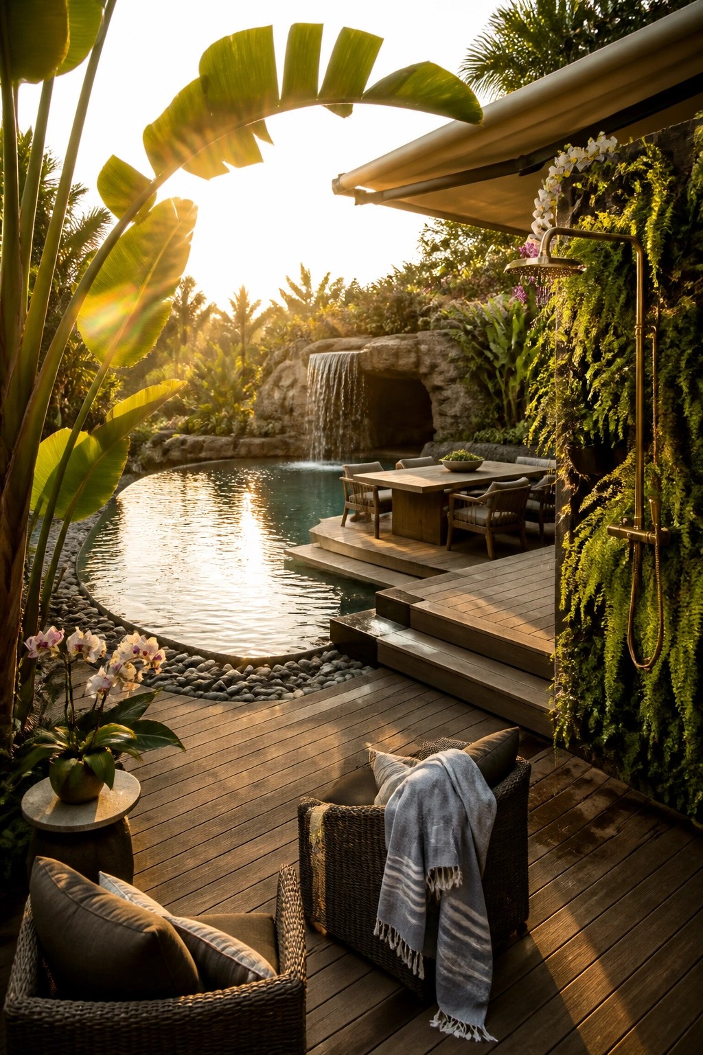 A tropical outdoor deck with multiple wooden levels beside a pool, featuring lounge chairs, a dining table, an outdoor shower on a green wall, and a waterfall in the background.