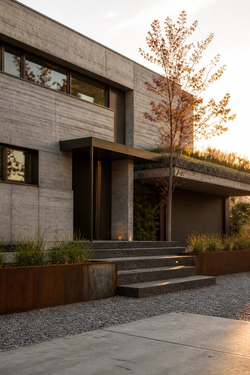 Modern concrete house with stone steps, autumn tree, metal planters, and gravel at sunset.