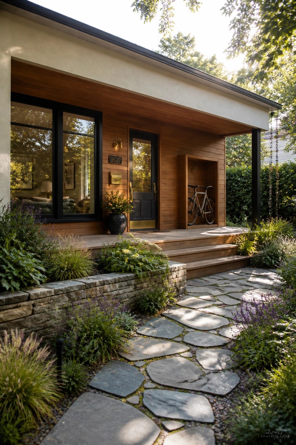 Modern house exterior with wood siding, black-framed windows and door, covered porch, recessed wall niche holding a bicycle, and stone pathway leading to the steps.
