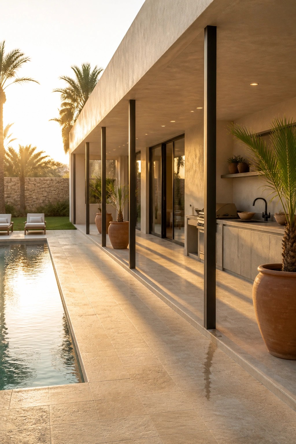 A modern concrete house with a long covered patio, black support columns, an outdoor kitchen on the right, a rectangular pool on the left, and large terracotta pots along the walkway at sunset.