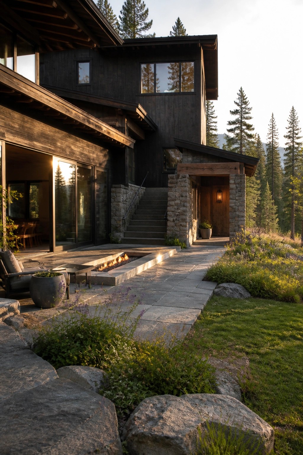 A two-story contemporary house with dark wood siding, stone pillars at the entry, large glass windows, a stone fire pit patio, and a pathway through rocks and grass, set among tall pine trees.