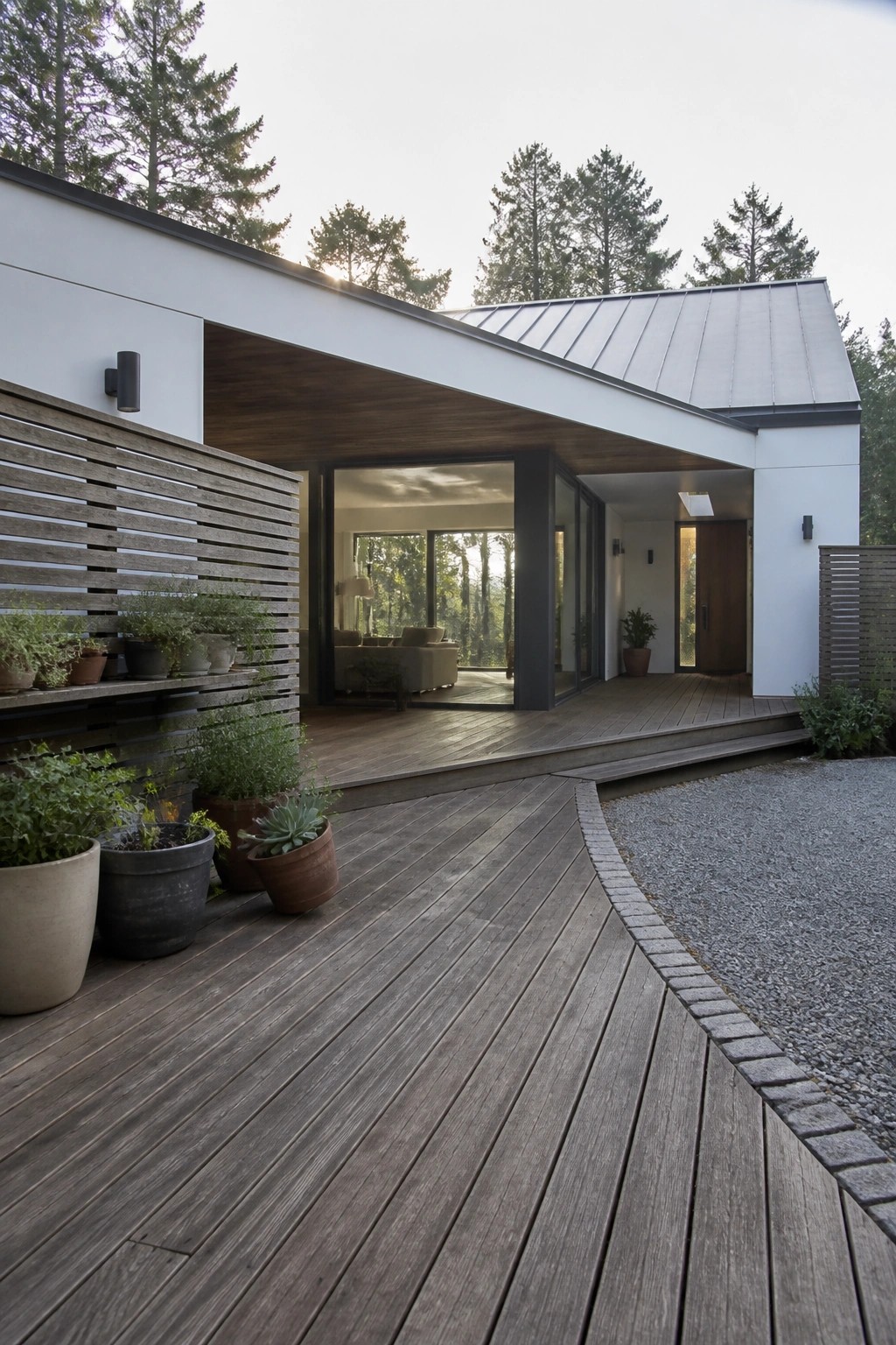Modern white house with metal roof and large wooden deck extending from open glass doors, with potted plants along the side.
