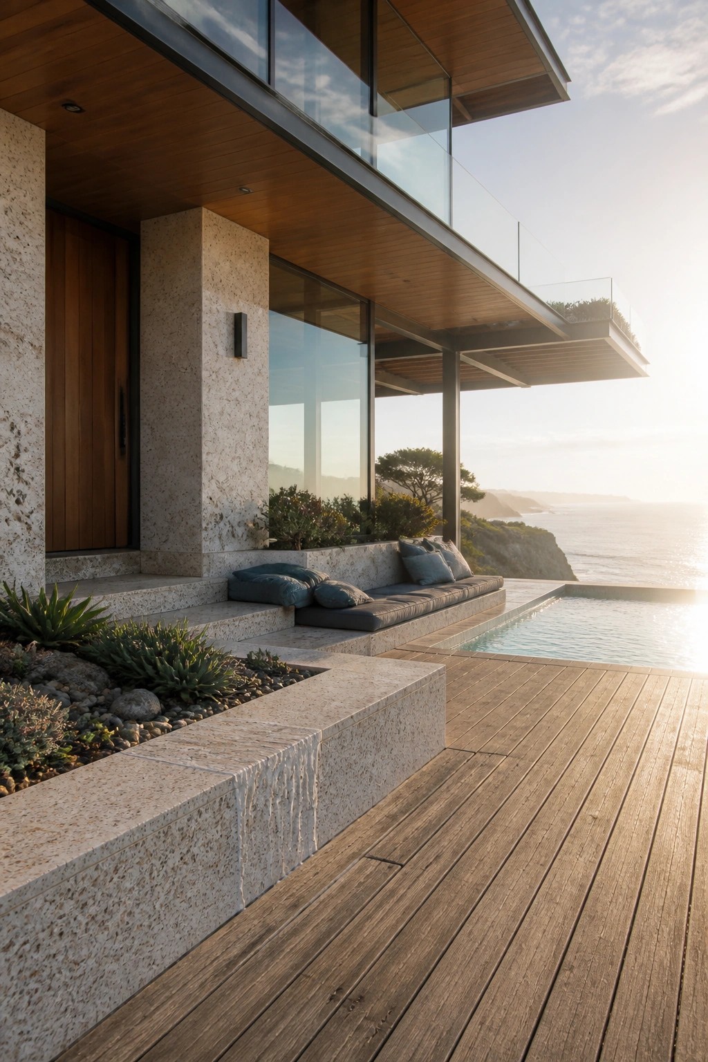 Modern house with a large wooden deck, built-in seating, infinity pool, and ocean view at sunset.