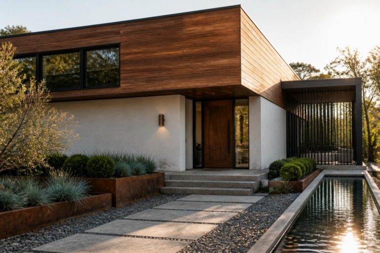 Modern house exterior showing horizontal wood siding on the upper level, white stucco walls, a wooden front door, concrete steps, and a long reflecting pool beside a stone path.