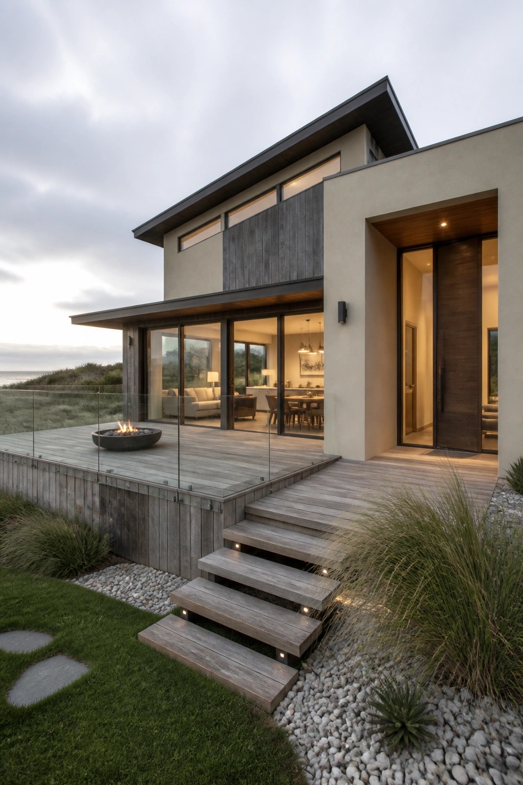 A modern two-story house with a large wooden deck, fire pit, glass railings, and stairs leading down to a gravel and grass area beside the ocean.