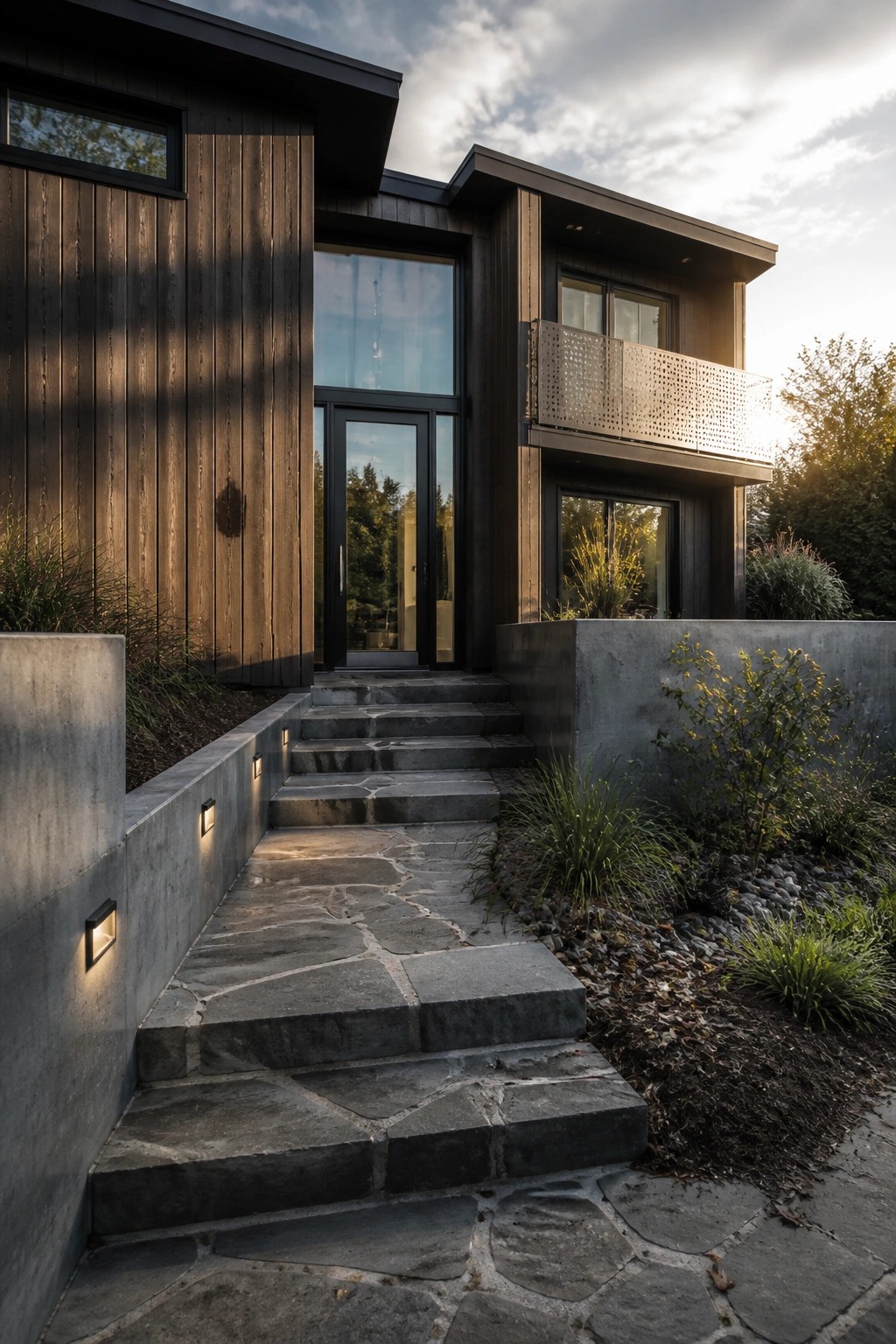 A contemporary house exterior featuring dark wood siding, large glass windows and doors, stone steps and pathway, and recessed lights set into concrete retaining walls.