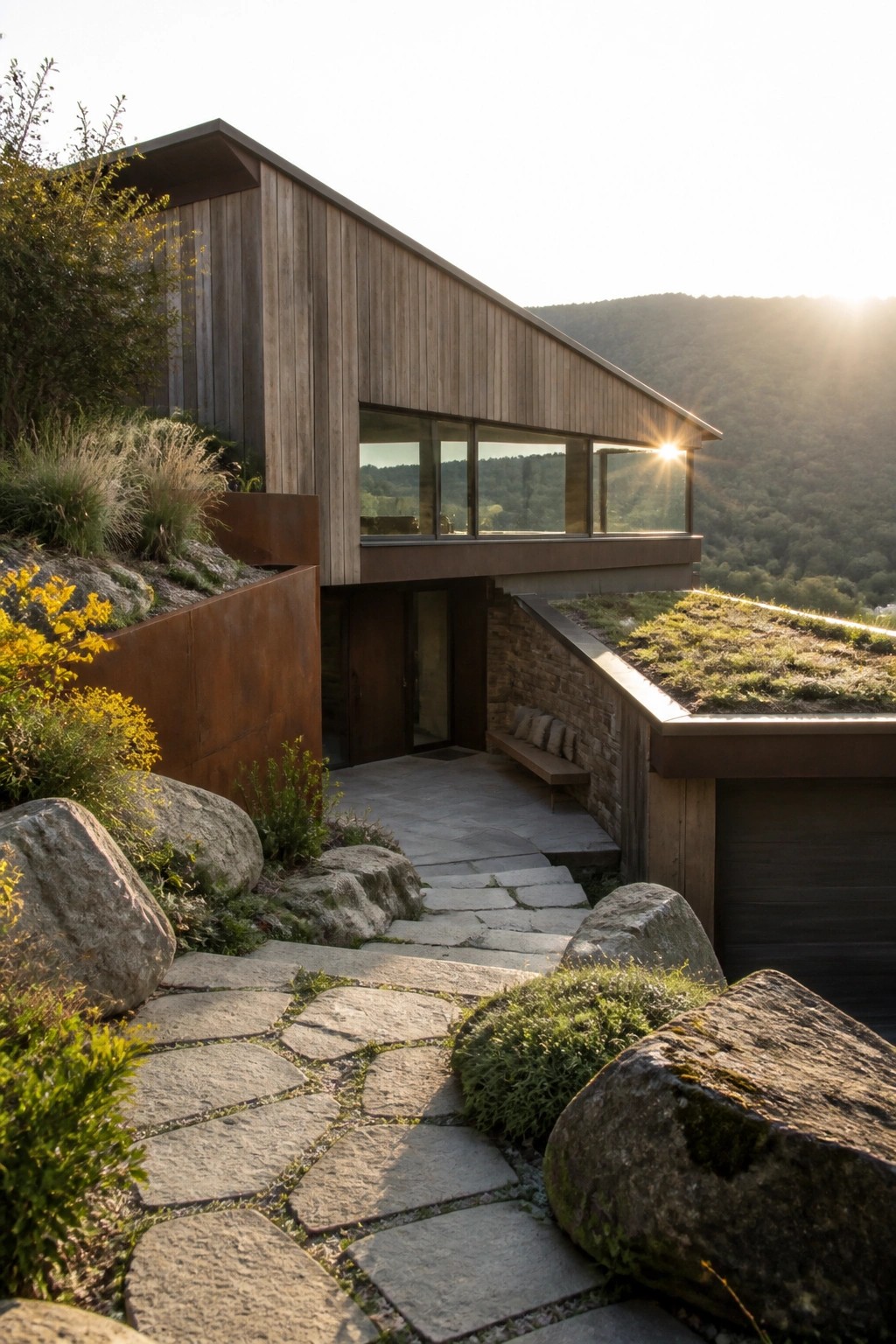 A modern house with vertical wood siding, large horizontal windows, and stone walls sits on a hillside with a stone path, large rocks, and planted areas leading to the front entrance.