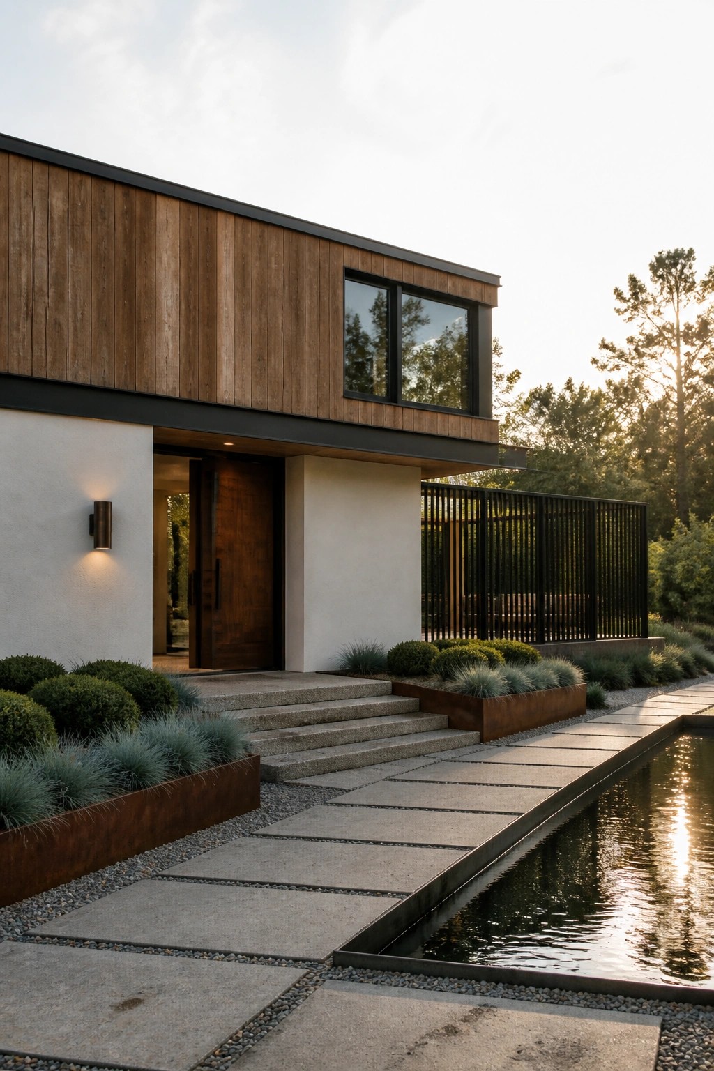 Modern house exterior showing horizontal wood siding on the upper level, white stucco walls, a wooden front door, concrete steps, and a long reflecting pool beside a stone path.