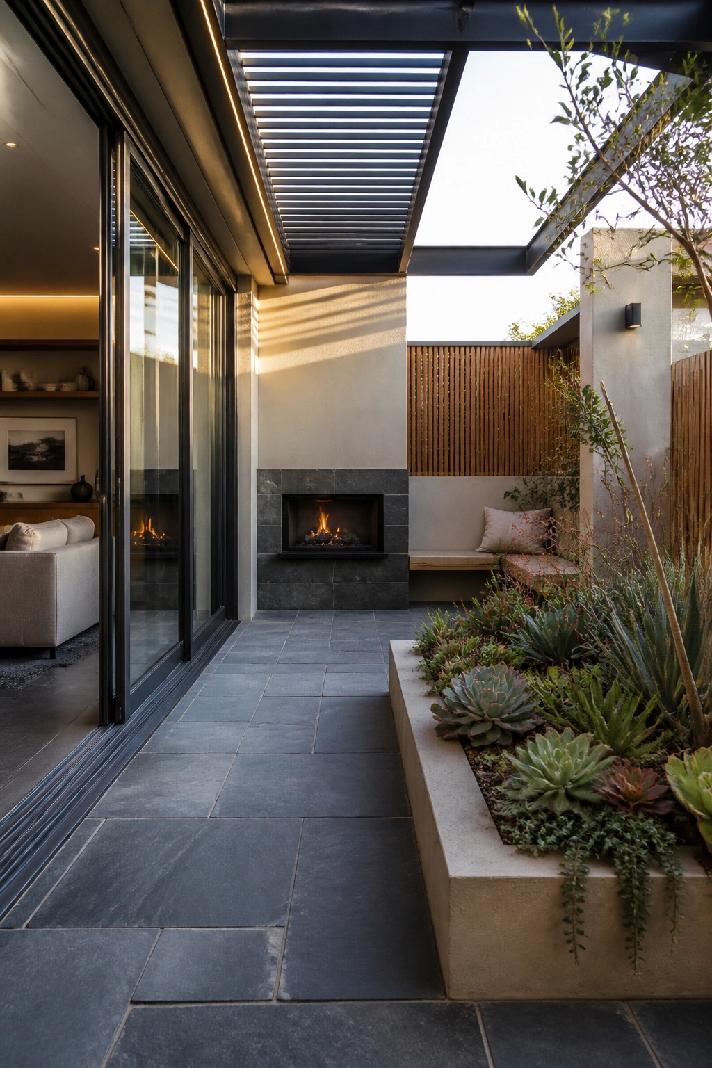 A covered outdoor patio with a built-in fireplace set in a dark tile surround, a concrete planter filled with succulents along one side, and sliding glass doors opening to an interior room.