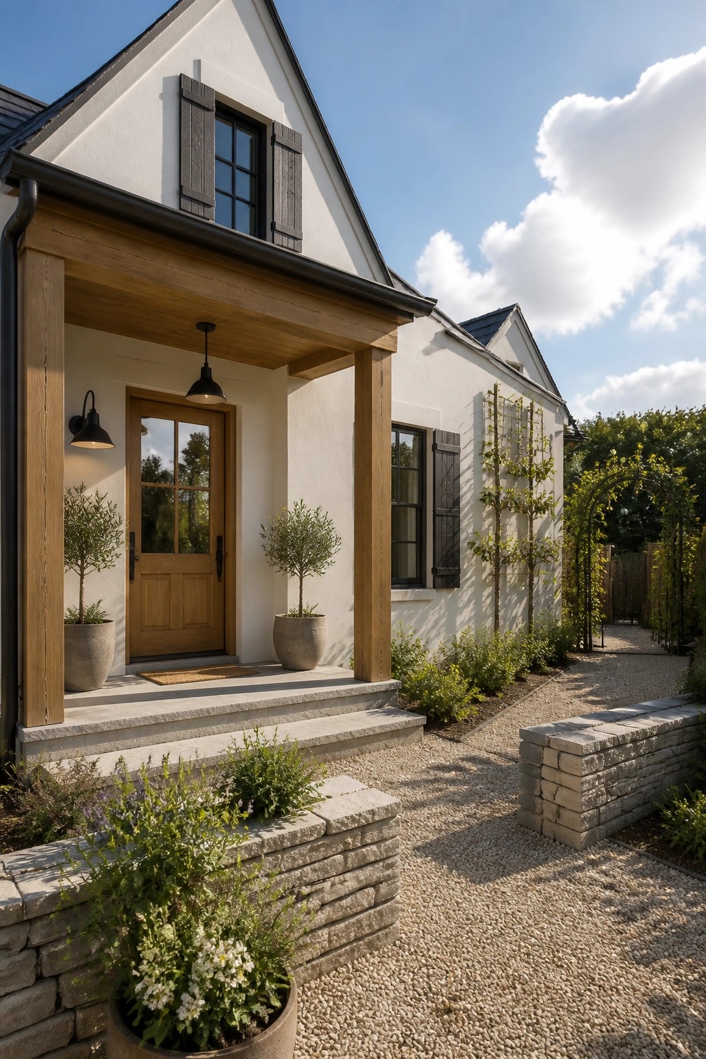Front view of a white house with a wooden entry porch, black shutters, stone steps, and a gravel path lined with plants.