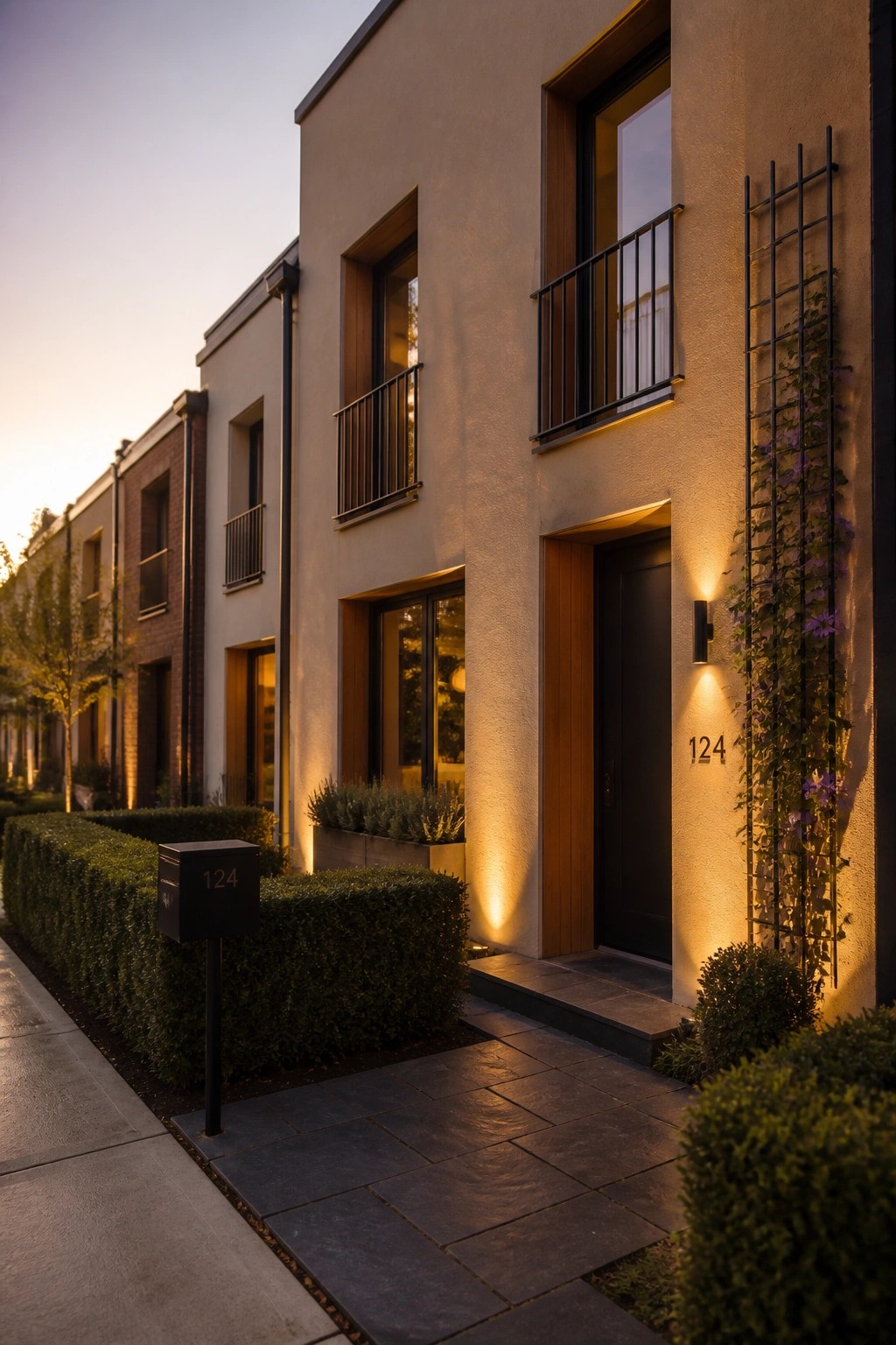 A contemporary townhouse exterior featuring a black front door, warm wall sconces, a small balcony, and a vertical metal trellis with climbing plants beside the entrance.