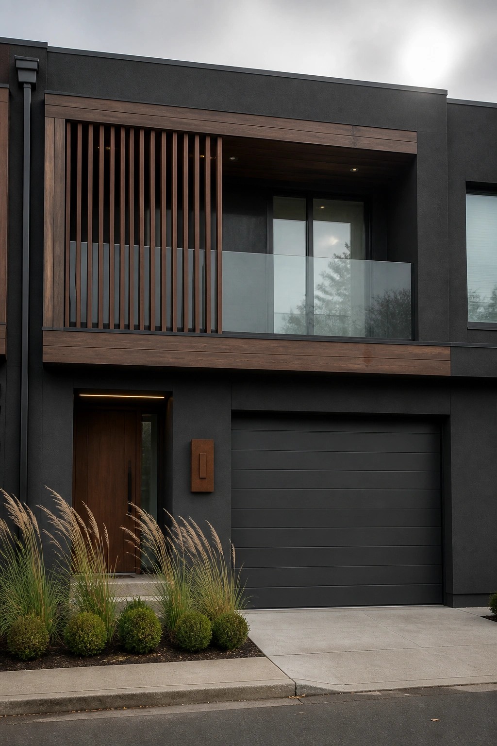 Modern dark house with wooden balcony slats, glass railing, door, and garage.