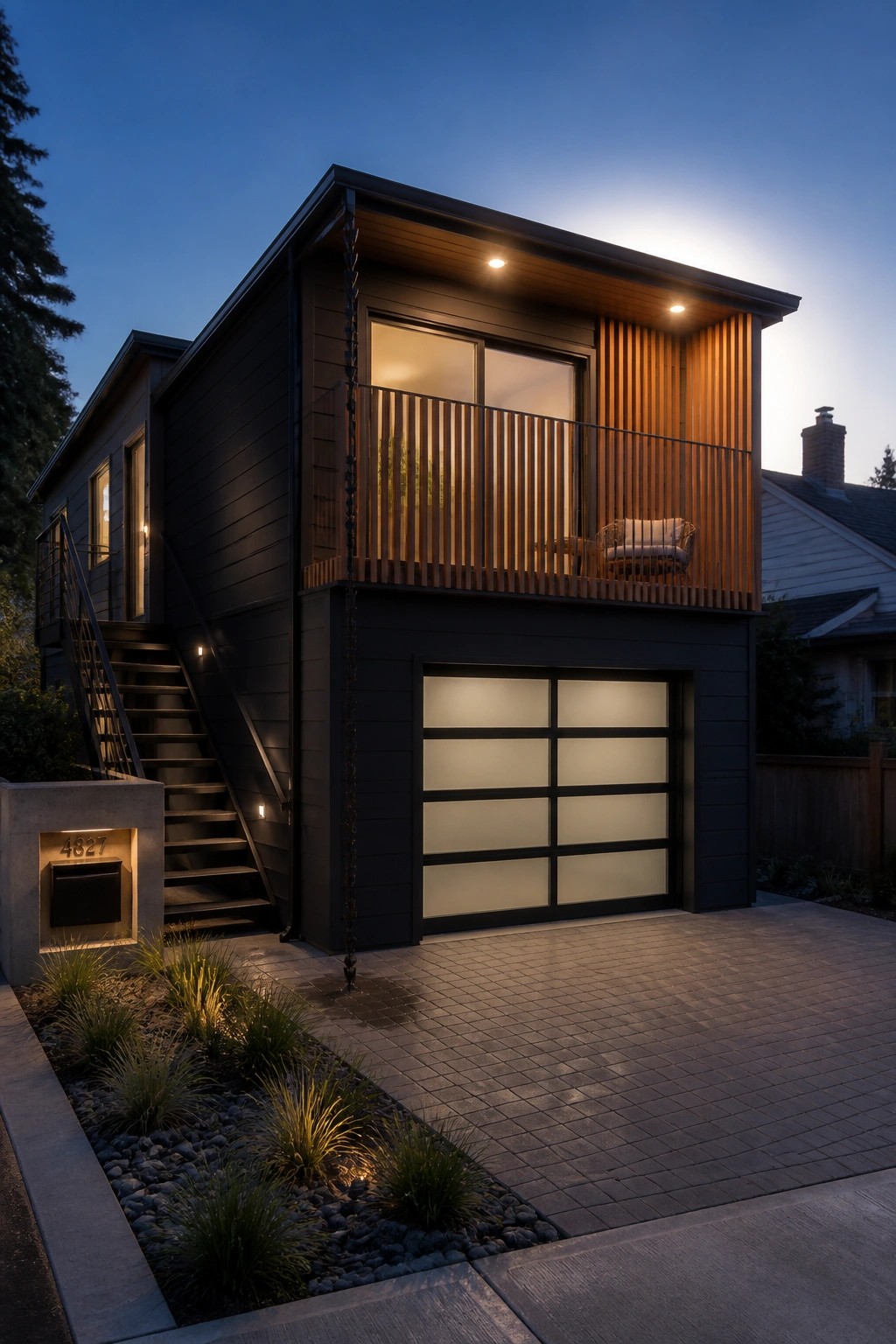 Modern dark two-story house with balcony, garage, stairs, and driveway at dusk