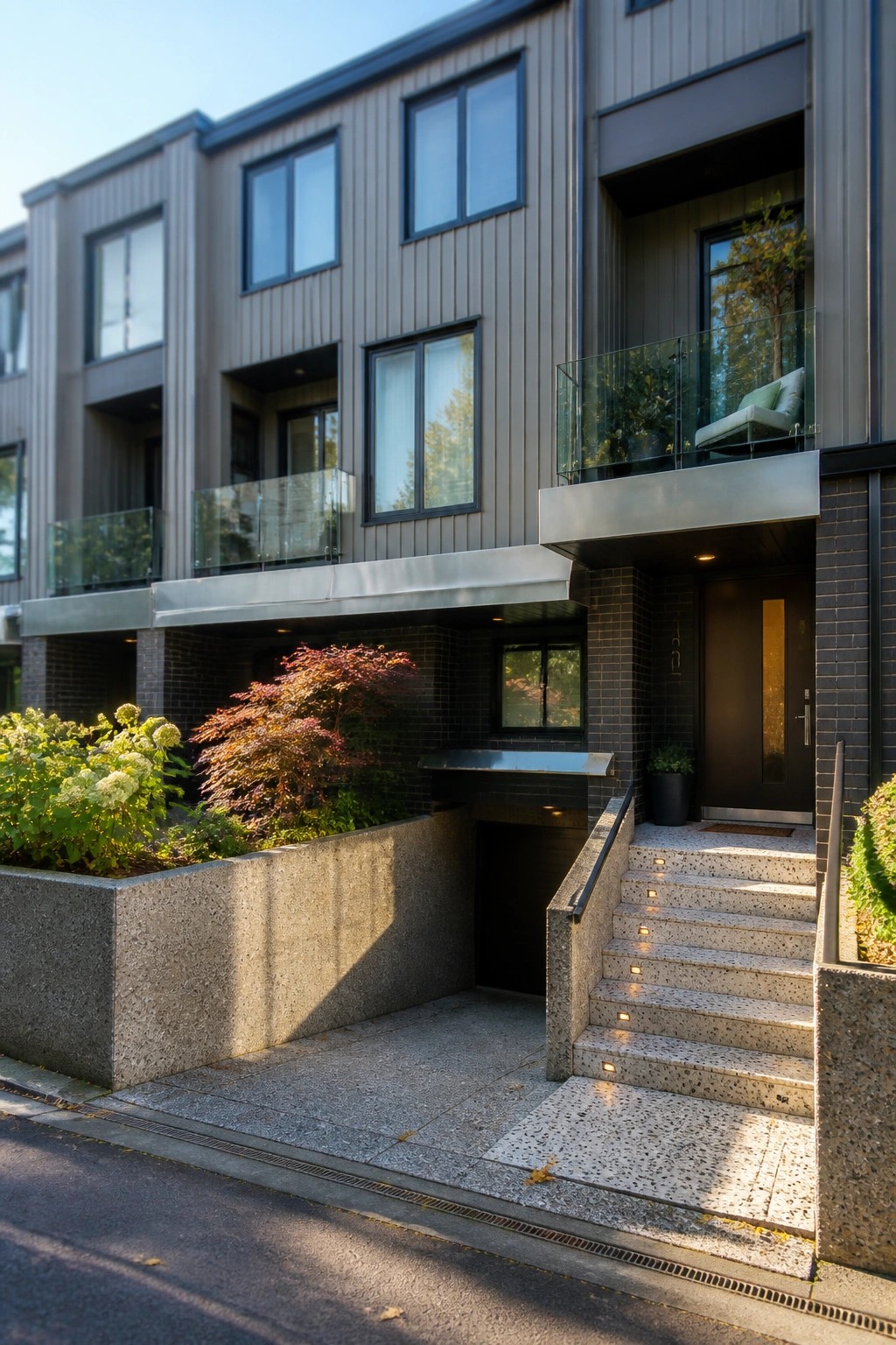 Modern multi-unit building exterior featuring vertical metal siding, brick base, large windows, glass balconies, and speckled concrete stairs with recessed lighting leading to a dark entry door.
