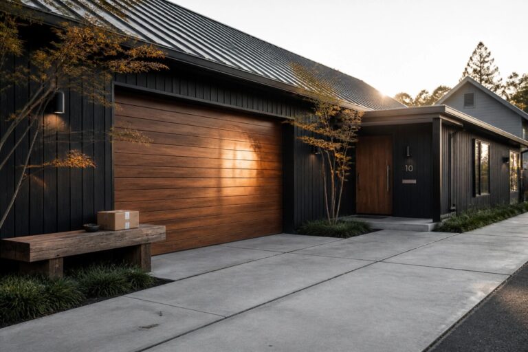 Modern house exterior with a wooden garage door that matches the horizontal wood siding, a matching wooden entry door, concrete driveway, and small landscaping bed with trees.
