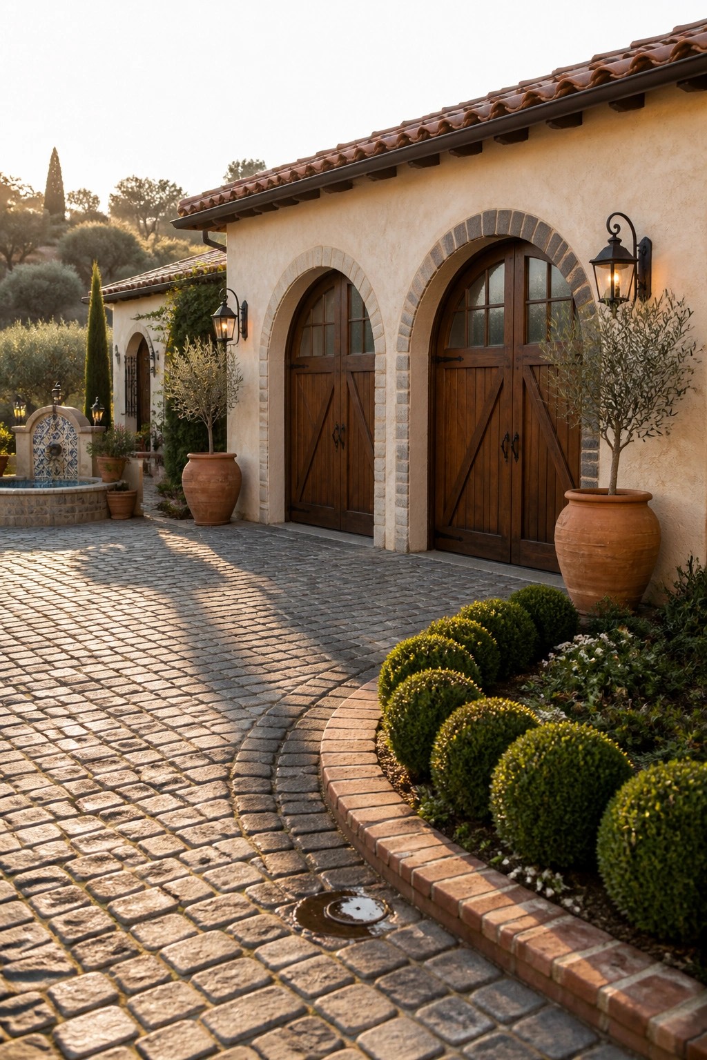 Two wooden garage doors with divided glass panels sit inside arched openings framed by stone on a stucco house wall, with a cobblestone driveway and large terracotta pots in the foreground.