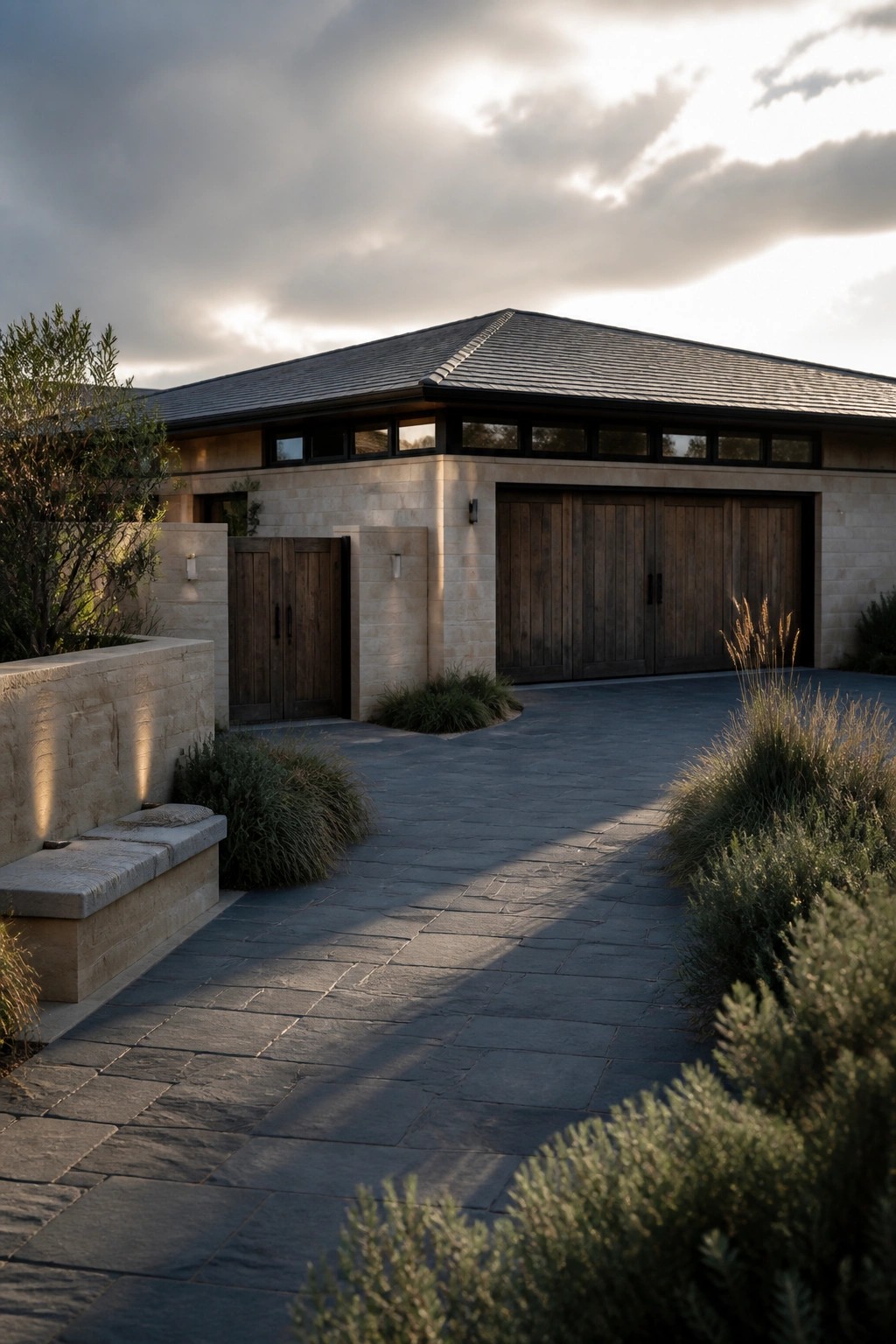 Modern stone house with wooden garage doors and shadowed stone driveway.