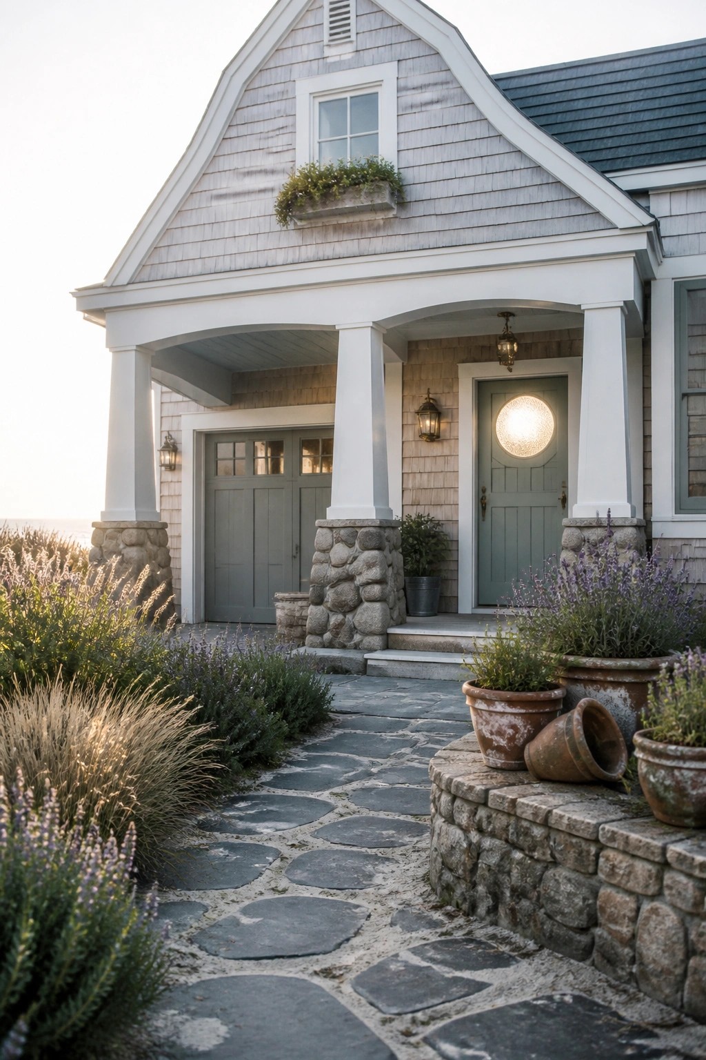 Stone path to shingled cottage porch with white columns, green door, and potted lavender