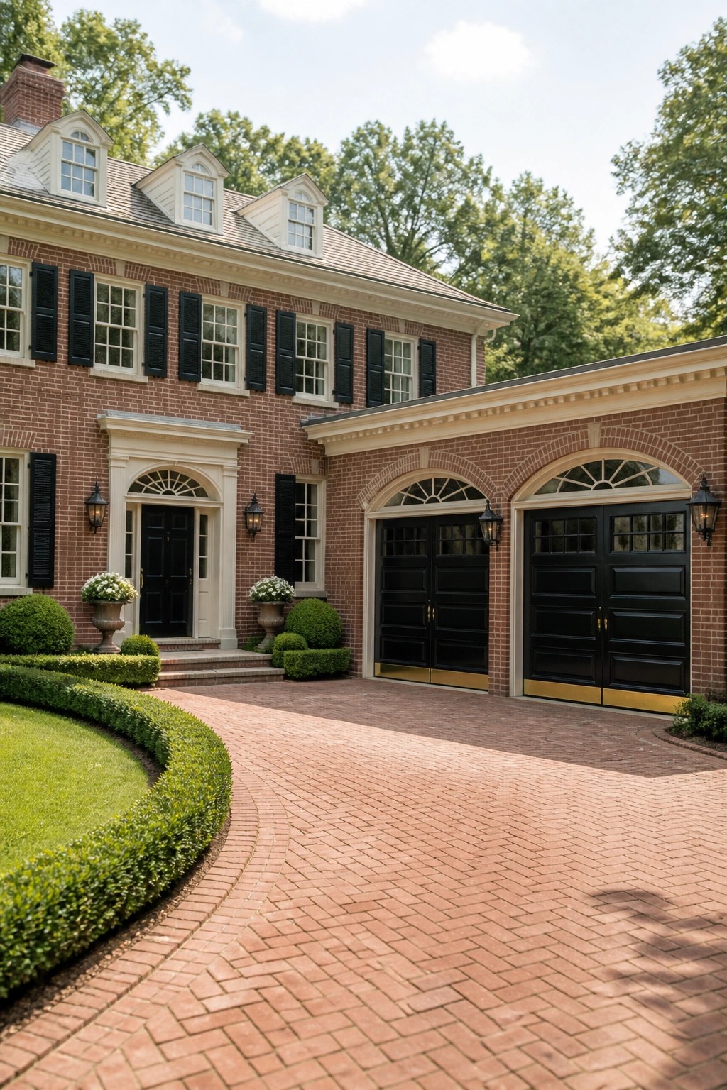 Red brick mansion with black arched garage doors on curved driveway with landscaping