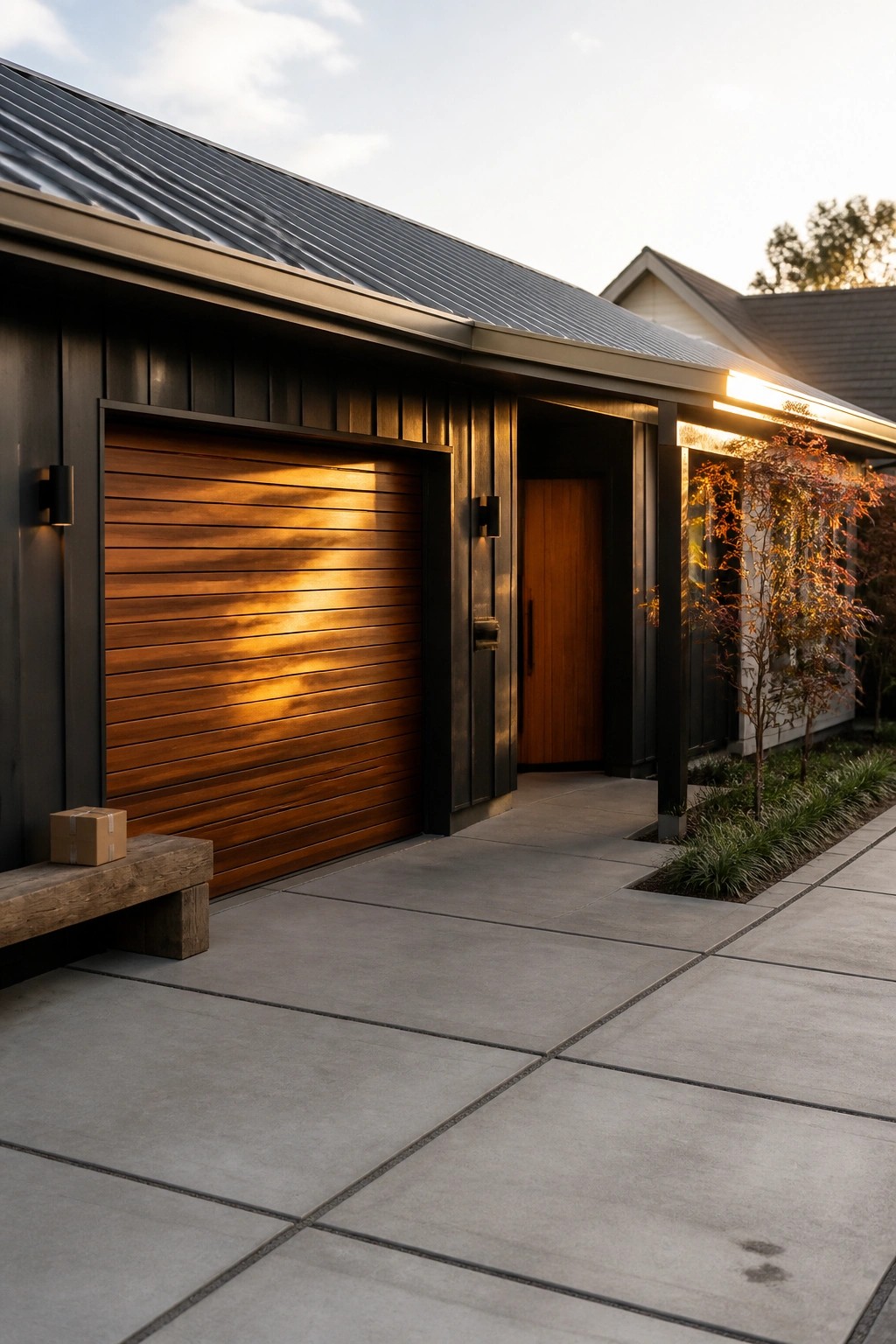 Modern house exterior with a wooden garage door that matches the horizontal wood siding, a matching wooden entry door, concrete driveway, and small landscaping bed with trees.