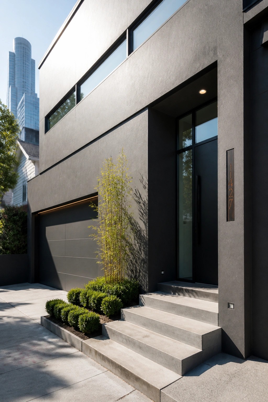 Modern dark gray house exterior showing a seamless garage door that matches the wall finish, concrete steps, and a black entry door.