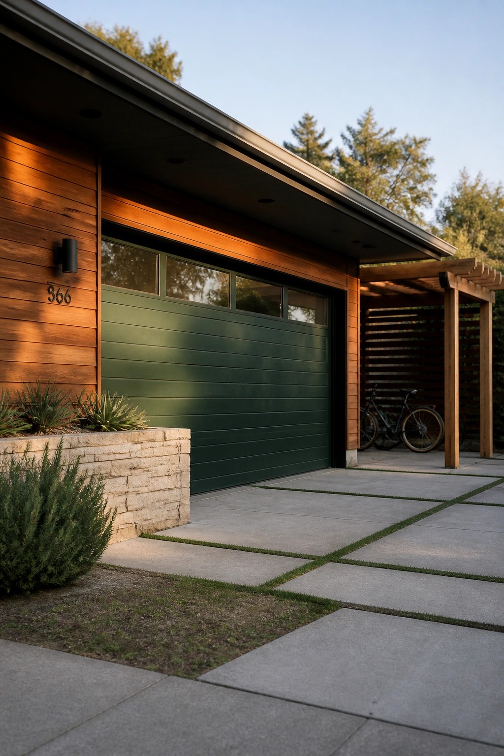 Modern house exterior showing a dark green garage door set into wood siding, with a concrete driveway, stone planter, and wooden pergola holding a bicycle.