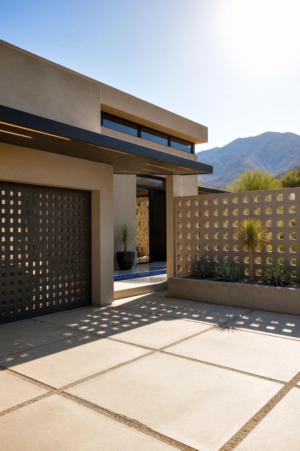 Modern concrete house exterior featuring a large perforated metal garage door on the left, a recessed entry, and an adjacent decorative concrete block wall with plants.