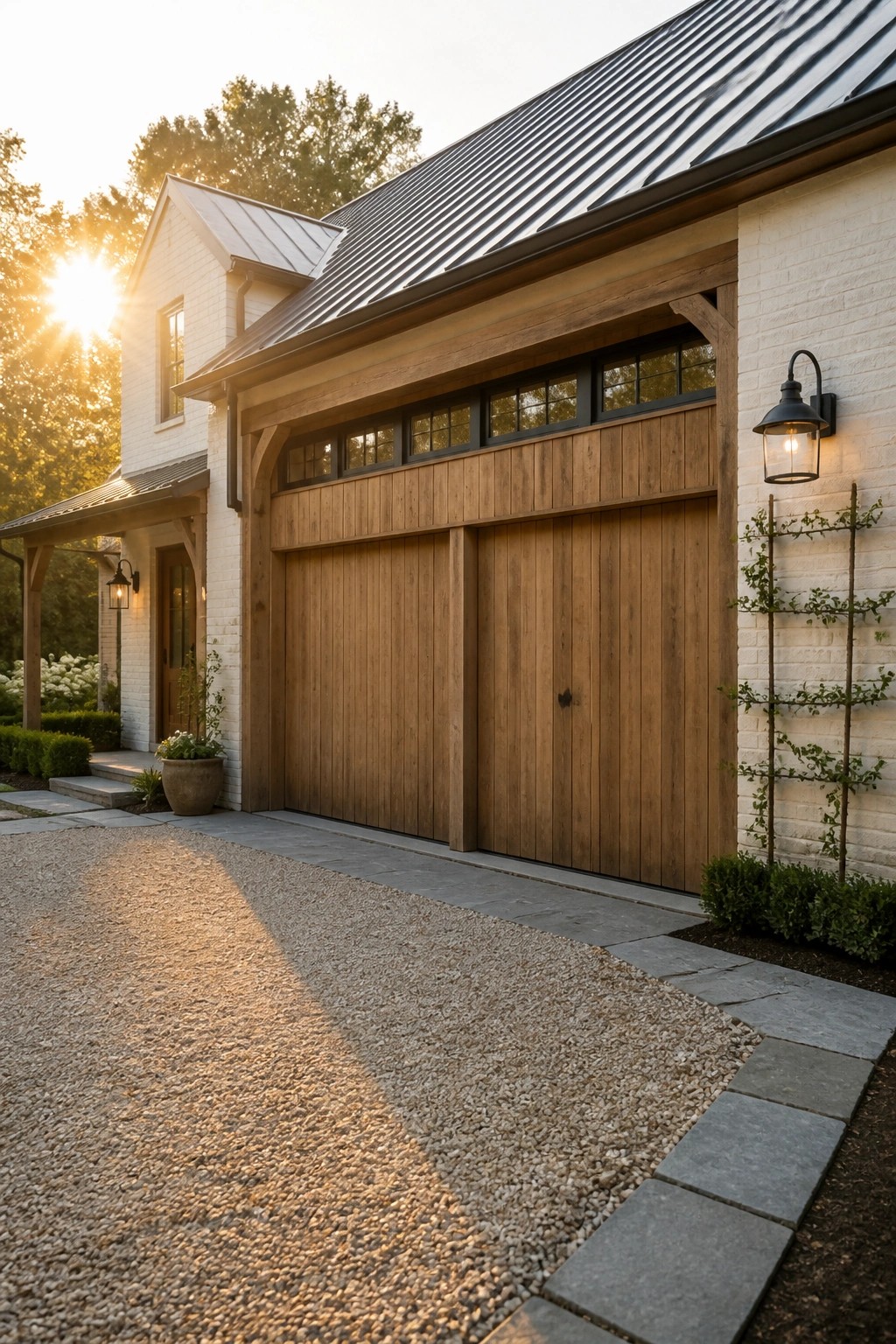 A white brick house exterior featuring two wooden garage doors with transom windows above, a metal roof, and a gravel driveway at sunset.