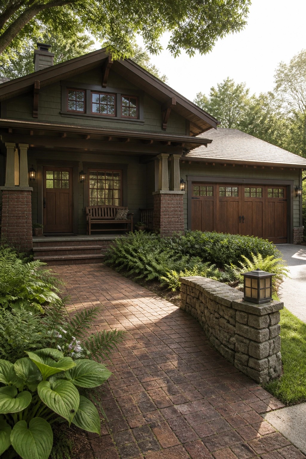 A Craftsman-style house with green siding, a brick porch, and a three-car garage with matching wooden doors on the right side of the facade.