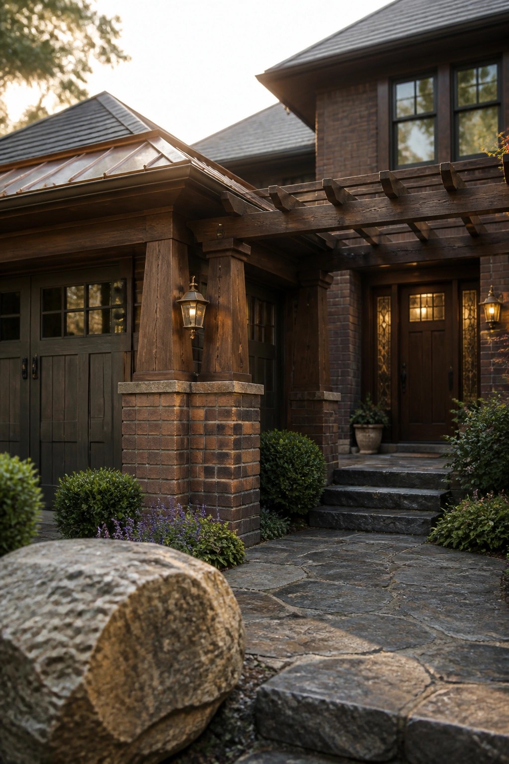 Front view of a brick house with dark wood garage doors on the left and a main entrance on the right, linked by a wooden overhead structure and stone steps.