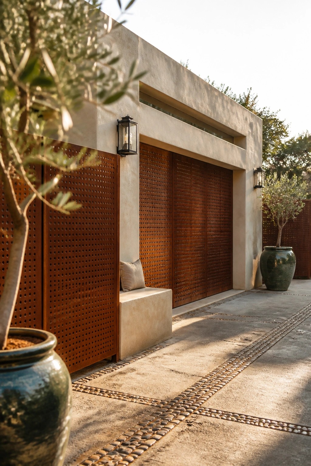 Modern concrete facade with perforated rusted metal screens, potted olive trees, and pebble-paved path.
