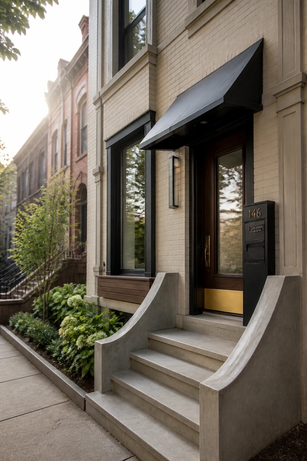 A beige brick house exterior with a black metal awning above a dark wood door, concrete steps with curved walls, and a black mailbox labeled 146.