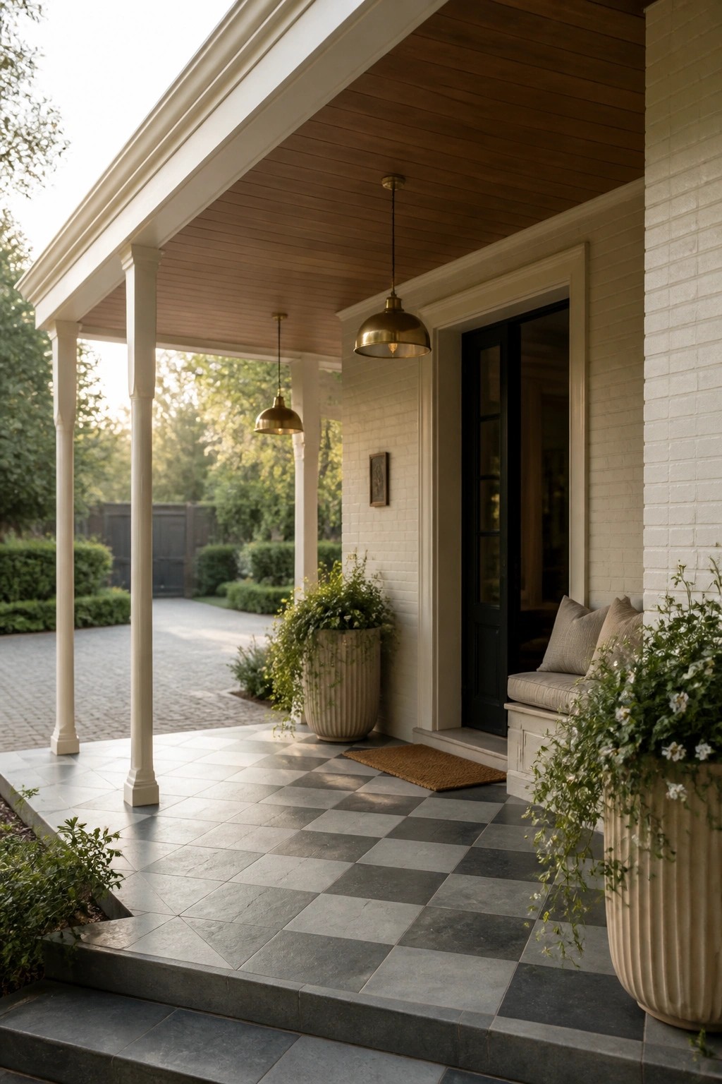 Elegant porch with checkered tiles, white columns, brass lights, and potted plants.