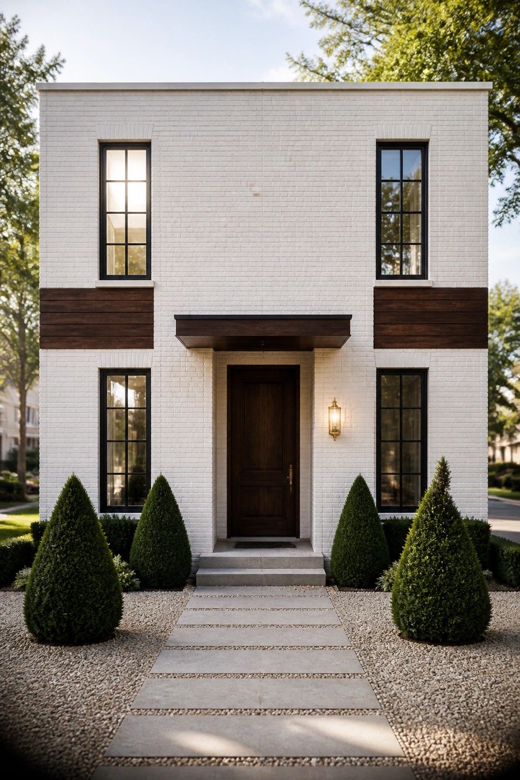 A two-story white brick house with dark horizontal wood bands, black-framed windows, a centered dark wood door under a small overhang, and conical shrubs along a gravel path.